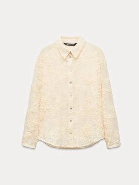 Zara Cream Floral Lace Button-Down Shirt